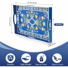 Pink Serving Trays, Decorative Serving Tray With Handles, Coffee Table Rectangular Trays Plastic Tray Ottoman Bathroom, Living Room, 15. U201Dx 10.2u201Dx1.37u201D - Blue Flower + 15.4" X 11" X 1.8" - View 2