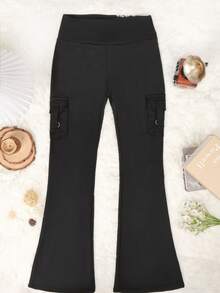 Y2K 瑜伽高弹力喇叭紧身裤，带口袋，提臀运动健身宽腰带，高腰裤，舒适高品质万圣节服装，秋季女式 - 黑色 - 查看 5