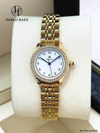 Pablo Raez 1pc Women's Watch, 18K Gold Plated Fashionable Ladies Watch, Stainless Steel Accessories, Luxury Women's Dress Watch, Vintage, IPG Gold Color, Non-Fading, Elegant Brand New Original Design Quartz Watch, Stylish Gold, High Quality, Petite Dial Wristwatch For Girls