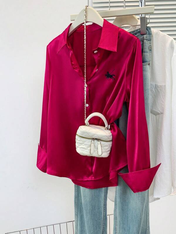 Blouse ample à manches longues brodée, décontractée pour femmes. Convient pour le travail et les déplacements, printemps/automne