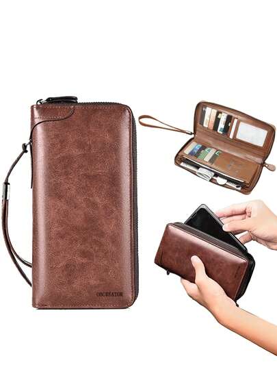 男士长款拉链钱包，PU皮材质，防盗商务手拿包，信用卡夹，复古风格长款钱包，人造革卡包，拉链零钱包，涤纶内衬，无编织，纯色，适合情人节、地球日、感恩节等节日，是充满爱意的礼物，也是创意男士礼物、趣味礼物、父亲节礼物等送礼佳品。