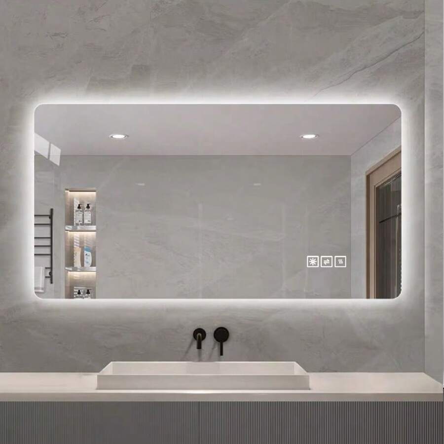 Badspiegel-mit-Beleuchtung 120x60cm, Dimmbar, 3 Farbtemperaturen 3000K-6000K, Badezimmerspiegel mit Entfoggen, Speicherfunktion, LED-Spiegel-Bad, HD Hartglas, Horizontal/Vertikal