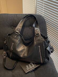 ‌"Sophisticated Black PU Leather Tote Bag With Removable Crossbody Strap | Spacious Multi-Compartment Design | Versatile For Work & Leisure | Premium Quality & Stylish Aesthetic"