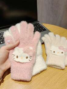 Sanrio 1 Par de Luvas Cartoon Hello Kitty, Forro Térmico Grosso, Fofo, à Prova de Vento, Adequado para Ciclismo no Outono e Inverno