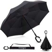 Paraguas Invertido Paraguas de Doble Capa Lluvia Sombrilla Protección UV con Doble Refuerzo Resistente a Vientos y Lluvias Fuertes con Mango Ergonómico Tipo C para Hombre y Mujer - Negro - Ver 2