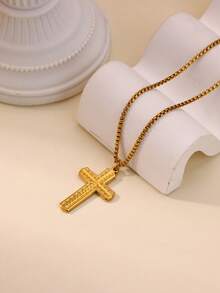 Cubic Zirconia Cross Pendant Necklace For Men 18K Gold Plated Stainless Steel Necklaces Vintage Goth Cross Charm Round Chain Beads Chain Lip Chain Jewelry Daily Wear Christmas Gifts