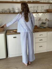 Nina Bonheur 两件套女士条纹纽扣长袖睡衣套装+松紧腰裤，可爱睡衣套装，秋冬服装 - 藍色 - 查看 8