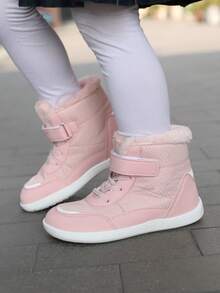 1 par de botas de invierno forradas térmicamente de unicolor y estilo de moda para niños, de piel sintética, cómodas y suaves con suela antideslizante y cierre, adecuadas para niñas y niños pequeños, para otoño/invierno