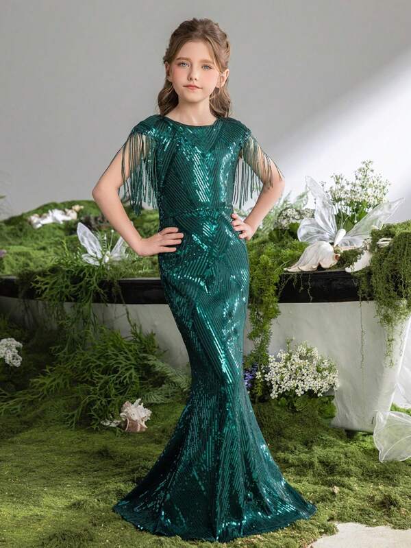 ALISA&LEO Elegantes Blumenmädchen-Kleid mit Rundhalsausschnitt, Pailletten, Fransen-Details und Meerjungfrau-Silhouette für Hochzeitszeremonien, formelle Galas, Abendempfänge, Preisverleihungen, Feierlichkeiten