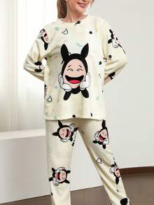 Pijama de mujer de franela con estampado de dibujos animados, Ropa de dormir para invierno, Sets de Pijamas de Mujer - Beis - Ver 9