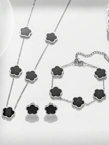 4pcs/Set Stainless Steel Fashionable Clover Flower Stud Earrings, Bracelet, Necklace Set For Women (Clover Welding Position Random)