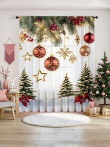1 pieza Cortina decorativa de tul navideña, adecuada para sala de estar, dormitorio, cocina, fiesta navideña, estrella de Navidad, fruta navideña, globo dorado, rama de pino navideña, árbol de Navidad, 100g/㎡