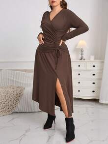 Plus Size Women's Asymmetric Ruched Shoulder Bow Decor Patchwork Handkerchief Hem Long Sleeve Dress, Autumn - Reddish Brown - View 3