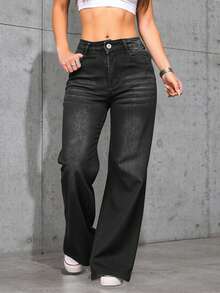 Pantalones vaqueros holgados de tiro alto en negro, tejido suave y elástico, versátiles para looks casuales y modernos. - Negro - Ver 1