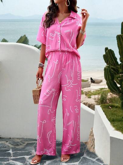 Women Summer Hawaii Boho Tropical Beach Vacation Style Outfits,Super-Loose Casual Petal Blouse With Baggy Pants