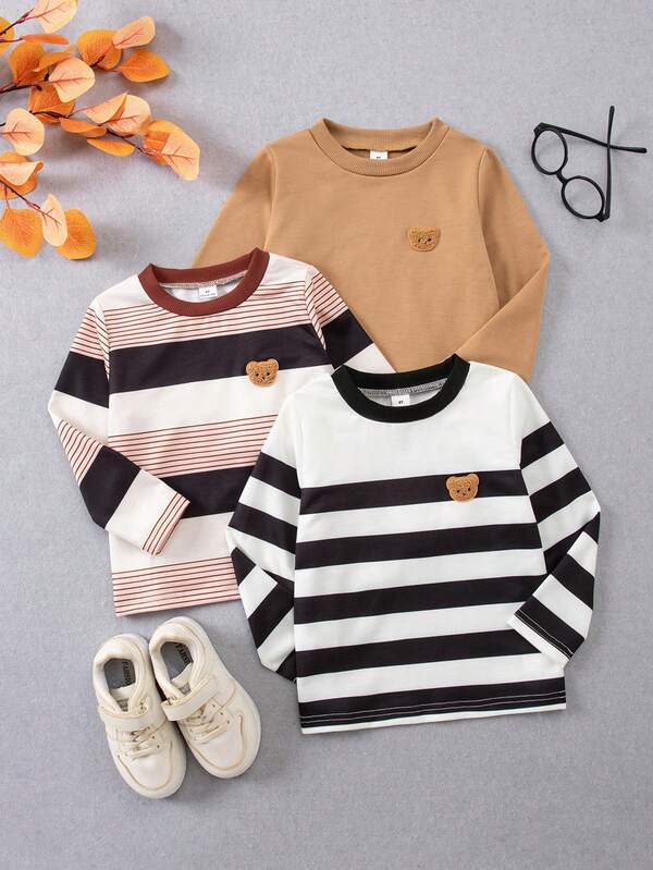 Set de 3 camisetas de manga larga con cuello redondo de punto para niños, con bordado de oso lindo y bloques de color a rayas, adecuado para uso diario y al aire libre