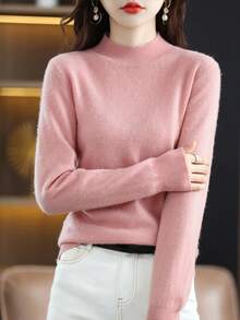 Sweater Wanita 100% Wol Merino, Lembut & Hangat, Pullover Kerah Tinggi, Musim Gugur/Musim Dingin, Desain Satu Potong Tanpa Jahitan - Berwarna merah muda - View 5