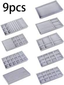 9pcs Gray Jewelry Tray, Multi-Compartment Jewelry Tray, Ring And Necklace Storage Tray, Rectangular Jewelry Storage Container, Jewelry Display Tray, Drawer Divider Storage Tray, Small Item Storage Organizer