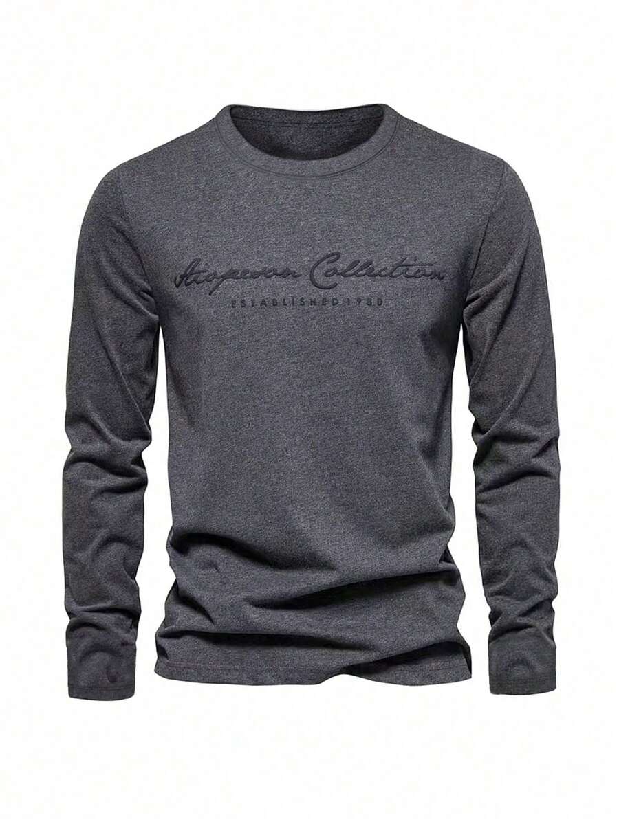 Camiseta Manga Larga Casual Estampado Letras Hombre Otoño Salir Esposo Regalo Comodidad Transpirable - Gris Oscuro - Ver 1