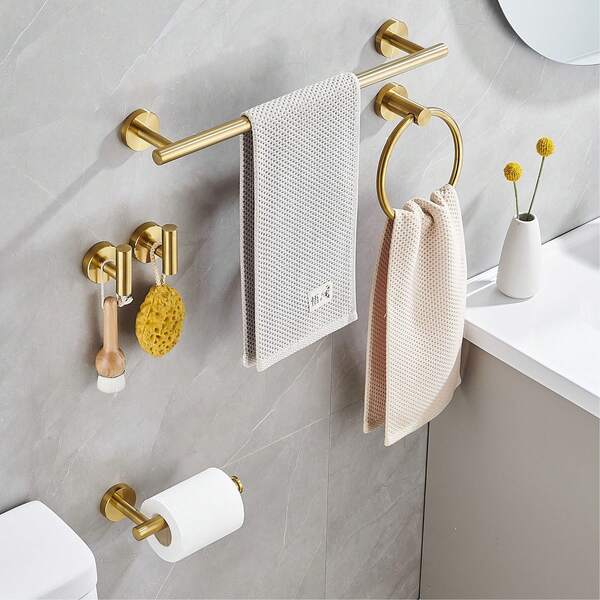 Conjunto de Acessórios para Banheiro Dourado Escovado, Barra para Toalha, Suporte para Papel Higiênico, Argola para Toalha, Kit de Acessórios de Banheiro de Aço Inoxidável Montado na Parede, Toalheiro, Prateleira de Banheiro, Gancho para Toalha de Banho