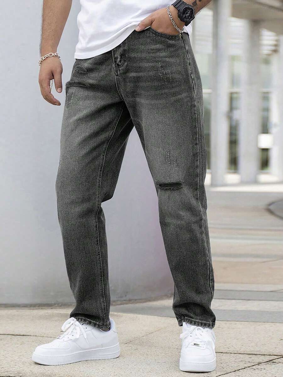 Jeans casuales desgastados de corte entallado para hombres - Gris - Ver 1