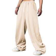 WZIKAI Men's Baggy Sweatpants Elastic Waist Drawstring Wide Leg Sweatpants Casual Loose Baggy Joggers With Pockets{"Size_name":"Large","Color_name":"Beige"} - Màu be - Xem 4