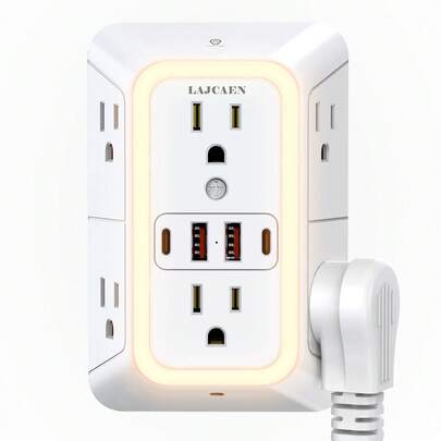 10-In-1 Smart Wall Plug With Night Light, 6 Wide-Spaced AC Outlets, 4 USB Ports (2 USB-C & 2 USB-A), 1050J Surge Protection, 3 Brightness Levels, Photosensitive Sensor, Universal Outlet Design For Home/Office ﻿