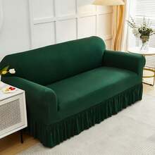 1PC Elastic Skirt Sofa Cover Universal Four Seasons Anti-Dirty And Non-Slip Solid Color Sofa Cover Suitable For 1/2/3/4 Seat Home/Living Room Decoration All-Inclusive Sofa Protective Cover Valentine's Day Gifts Valentine's Day Decorations - 墨綠色 - 查看 2
