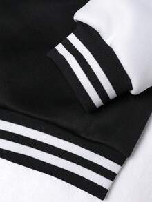 Es Trus Plus Autumn And Winter Women's Fun And Simple "Letter" Personalized Pattern Printed Street Fashion Jacket, Korean Hip-Hop Comfortable Retro Fashion Commuting Versatile Outdoor Clothing Long Sleeve Baseball Jacket, Regular Niche Punk Style Loose Fitting Plus Size Black And White Baseball Jacket - Black and White - View 10