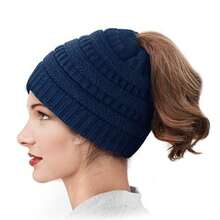 Lazy Ponytail Hole Design, Knitted Ponytail Hat For Women In Autumn And Winter, Lazy Wind Wool Hat, Versatile And Warm - Màu xanh lam - Xem 9