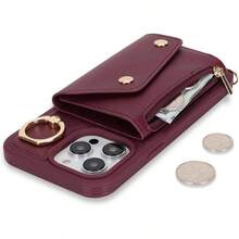 - Carcasa para 15 con cordn y tarjetero para 15 con cremallera, cartera para mujer, telfono mvil, ajustable, collar con anilla para mujer, color marrn - iPhone 15 Pro + B-Rojo Vino - Ver 5