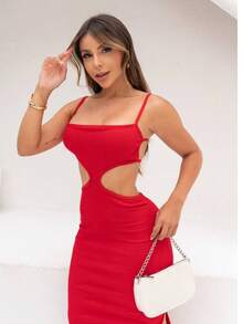 Women's Backless Midi Dress With Slit, Ribbed Neckline, Elegant, Tight Tube Dress - 紅色 - 查看 3