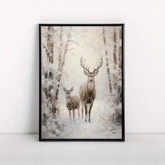 Vintage Style Winter Forest Deer Canvas Poster - Art Deco Modern Frameless Wall Art For Living Room, Bedroom, Home Office, Kitchen - Indoor Portrait Orientation Landscape Canvas Print With Cartoon Pattern For Christmas Decor
