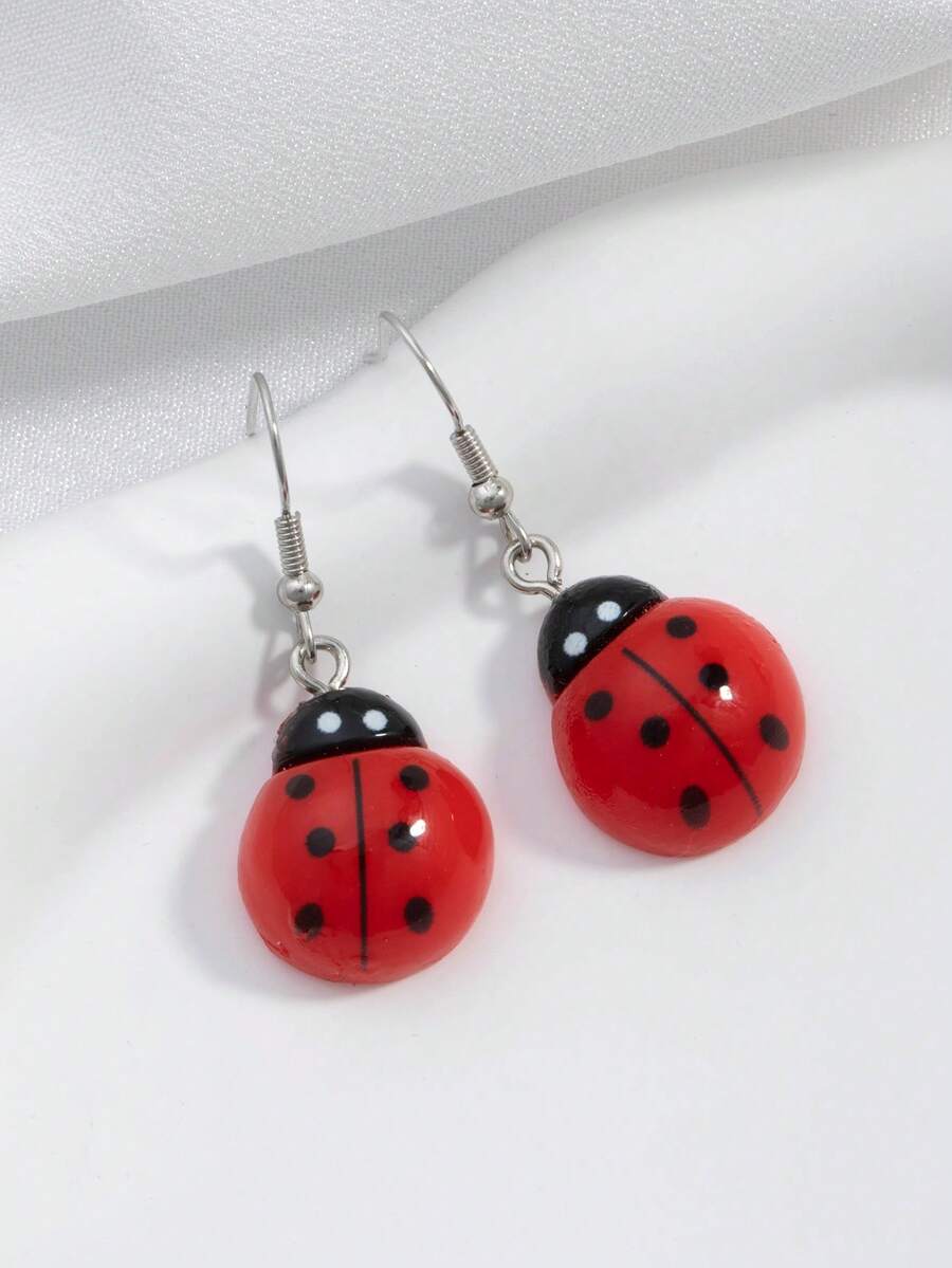 Resin Ladybug Earrings, Y2K Insect Earrings, Weird Earrings - Red - View 1