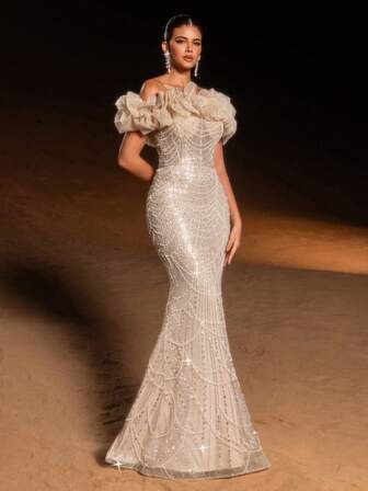 Faeriesty Glamour Luxurious Sequin Off-Shoulder Mermaid Gown With Voluminous Organza Shoulder Frills & Fish-Scale Beadwork From Bodice To Hem – Dramatic Back Design For Weddings, Galas, Proms & Upscale Evening Gatherings New Year Outfit
