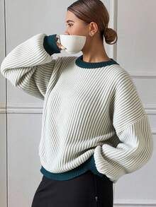 Livesso 女士秋冬撞色圆领落肩长袖休闲宽松针织毛衣，七分袖上衣 - 灰色 - 查看 5