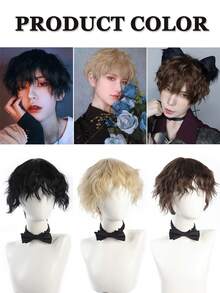 Men Synthetic Short Black Fireworks Perm Short Wave Curly Men Wig Anime Game Cosplay Fluffy Heat Resistant Wig For Daily Party White Blonde Cold Brown