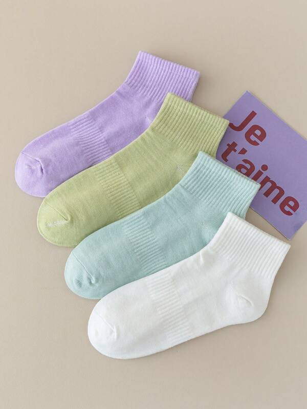 4 Pairs Women's Solid Color Ribbed Sports Socks, Casual Socks, White Socks, & Versatile Colored Socks, Autumn/Winter