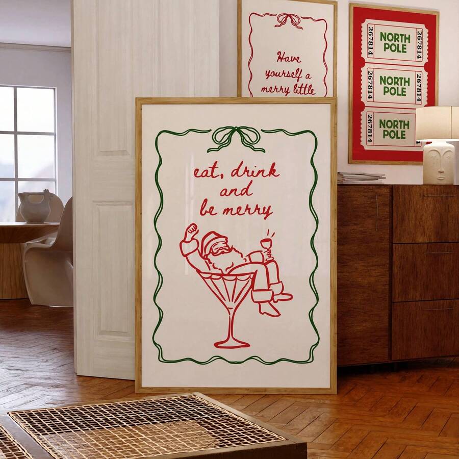 1pc Frameless Minimalist Christmas Wall Art, Santa Claus With Wine Glass Holiday Poster, Vintage Winter Theme Party Decor For Living Room, Bedroom, Dorm | Festive Home Decor, Christmas Gift, Room Decor Aesthetic