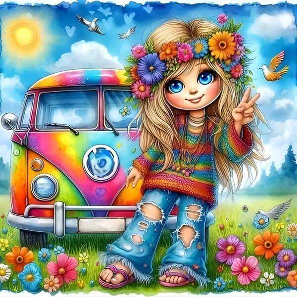 5D DIY Diamond Painting Kit - Hippie Girl And Colorful Bus, Full Round Diamond Art, Suitable For Beginners, Crafters, Wall Decor In Living Room, Bedroom, Study - Perfect Gift Idea