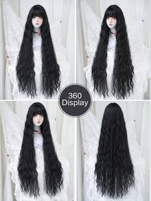 7JHH WIGS 44 Inch Extra Long Linen Black Cosplay Wig With Bangs Loose Long Curly Blonde Lolita Wig Soft Synthetic Heat Resistant Costume Wig For Women & Girls Party Wedding Rapunzel Use - Black - View 6