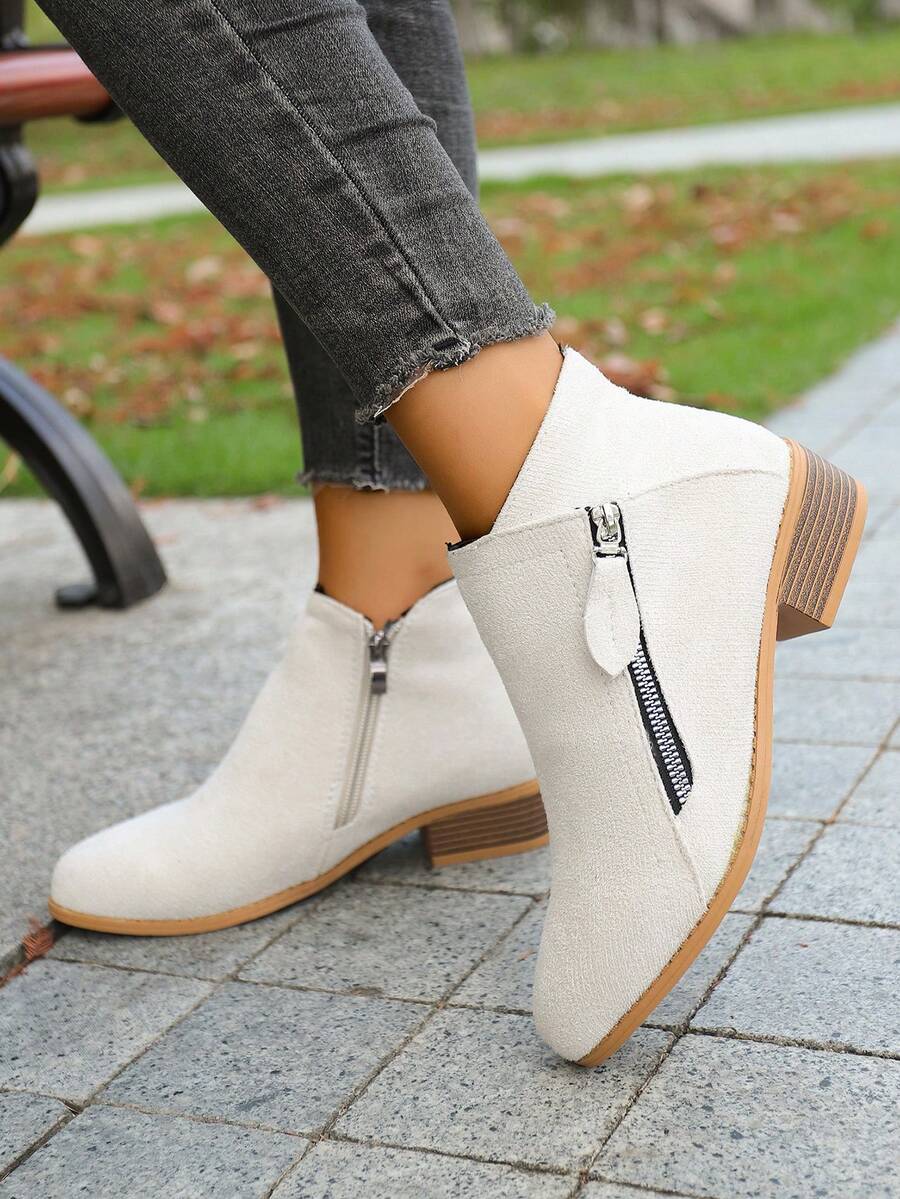 Spring/Autumn New Short Ankle Boots For Women, Low Heel Round Toe Side Zipper Fashion Chelsea Boots, Solid Color Ankle Boots - Beige - View 1