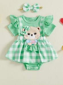 Baby Girl Summer Clothes Bear Short Sleeve Romper Dress Plaid One-Piece Bodysuit With Headband Infant Girl Outfit - màu xanh lá - Xem 6