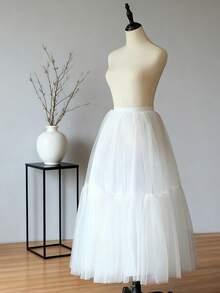 Falda de crinolina de doble capa de gasa de malla de unicolor casual, malla ligera + sensación esponjosa 3D, adecuada para fiestas, bodas, faldas de pastel, cintura alta de longitud media que estiliza, suave enagua Lolita de tul