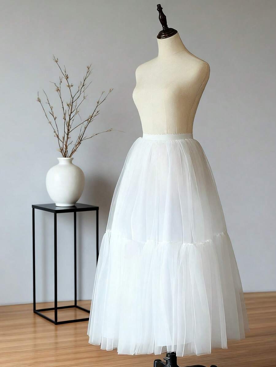 Falda de crinolina de doble capa de gasa de malla de unicolor casual, malla ligera + sensación esponjosa 3D, adecuada para fiestas, bodas, faldas de pastel, cintura alta de longitud media que estiliza, suave enagua Lolita de tul