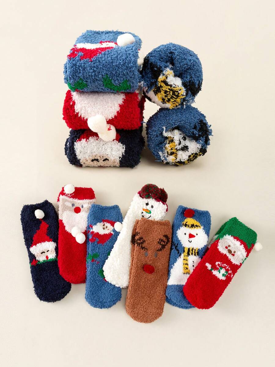 Random 3 Pairs Of Children's Socks Winter Coral Velvet Socks Cute Cartoon Christmas Socks For Girls Half Velvet Thickened Warm Home Sleeping Socks Three-Dimensional Ear Plush Ball, Cute And Fun