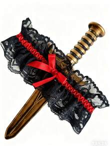 2 piezas Conjunto de liguero de encaje rojo y negro con decoración de cuchillo pirata esqueleto, accesorio versátil para disfraz adecuado para fiesta de Halloween, mascarada y actuaciones