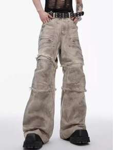 Design Sense: Wasteland, Old, Dirty, Dyed, Workwear, Pants, Retro, Damaged Edges, Casual Pants, Denim, High Street, Rugged And Handsome