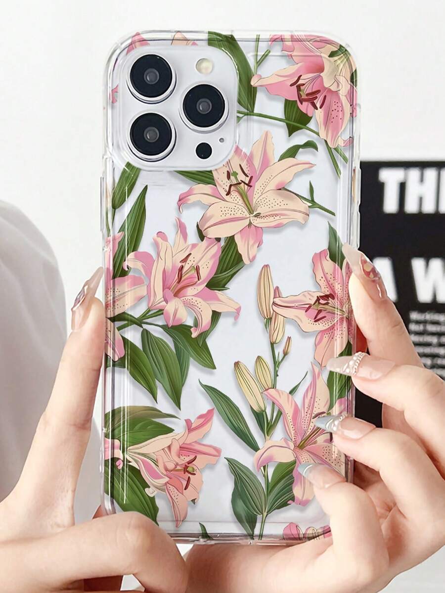 1 pieza Funda de teléfono transparente con absorción de golpes con diseño de hoja verde floral y orquídea rosa, apta para iPhone 16 ProMax, 15/14 Plus, 13, 12, 11 y Series, resistente al agua, a caídas y a arañazos - Multicolor - Ver 1