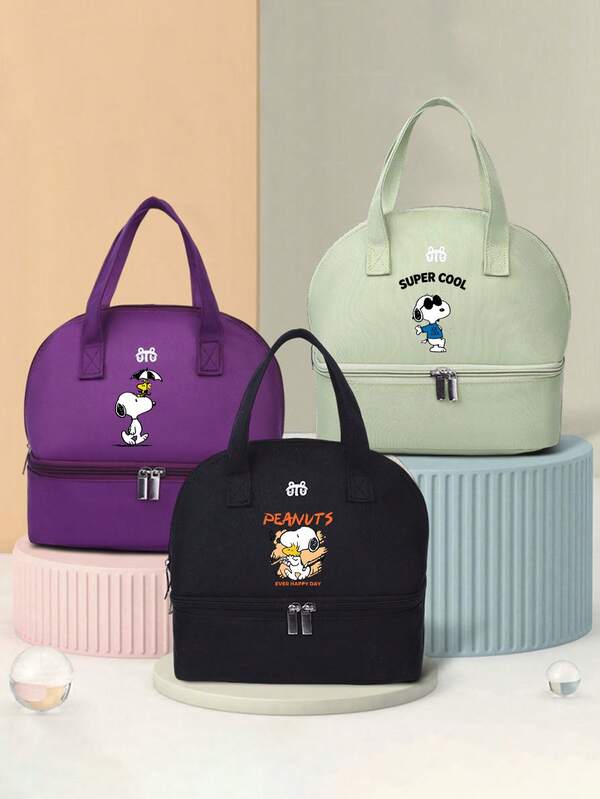 Peanuts 1Pc Peanuts Double - Layer Lunch Bag, Large Capacity Thick Durable For Travel, Camping, School, Ideal For Christmas/Halloween/Birthday Gifts